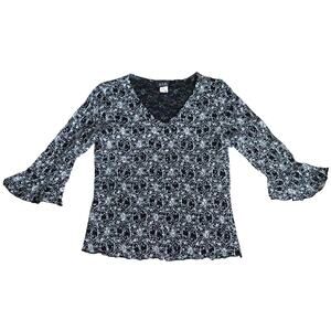 Vintage Y2K Black White Sequin Blouse Bell Sleeve Metallic Floral Women Large